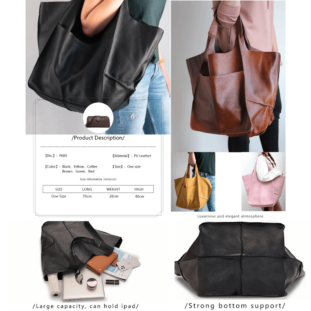 Elegant Large Capacity Leather Tote Bag – Retro Handmade Shoulder Bag for Women | High-Capacity Beach & Shopping Handbag