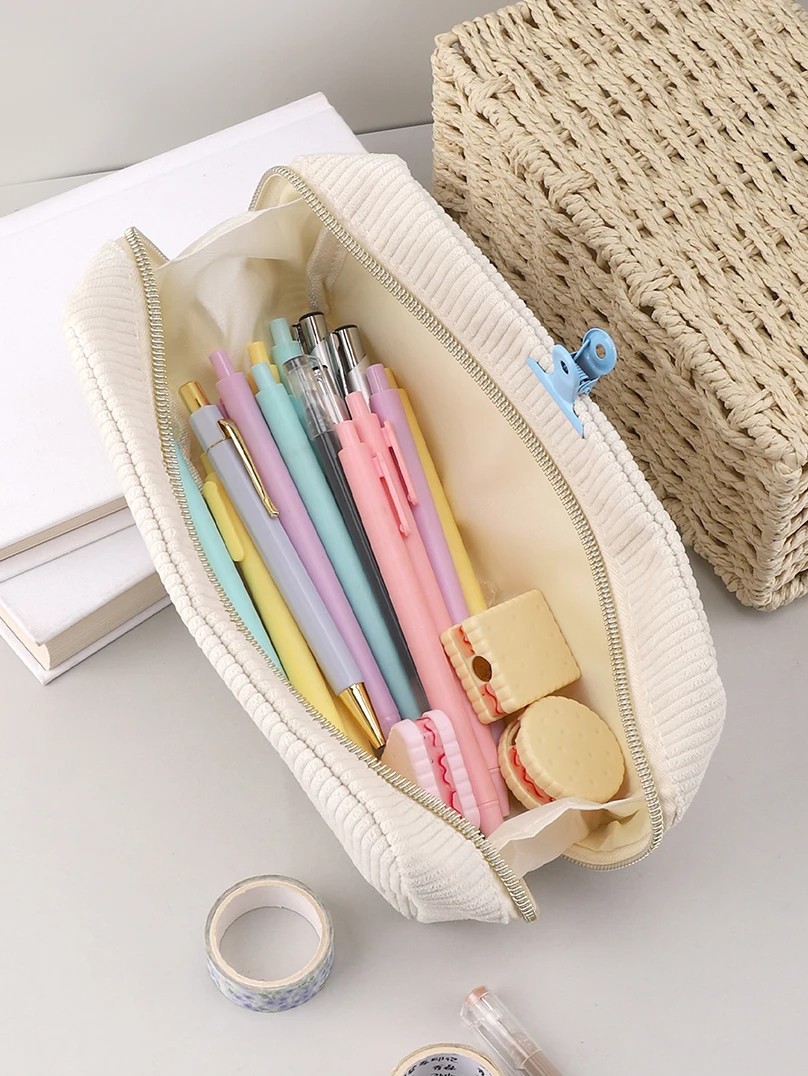 Corduroy Large-Capacity Pencil Case - Kawaii Solid Color School Stationery Organizer Pouch