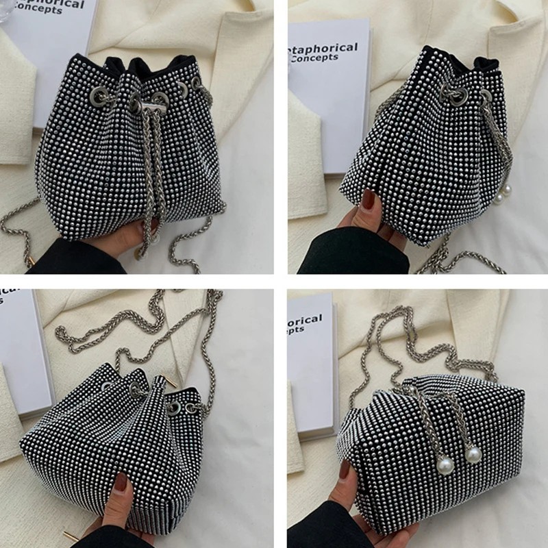 Luxury Rhinestone Bucket Bag for Women – Crossbody & Shoulder Chain Handbag, Sparkling Armpit Purse for Daily or Party Wear