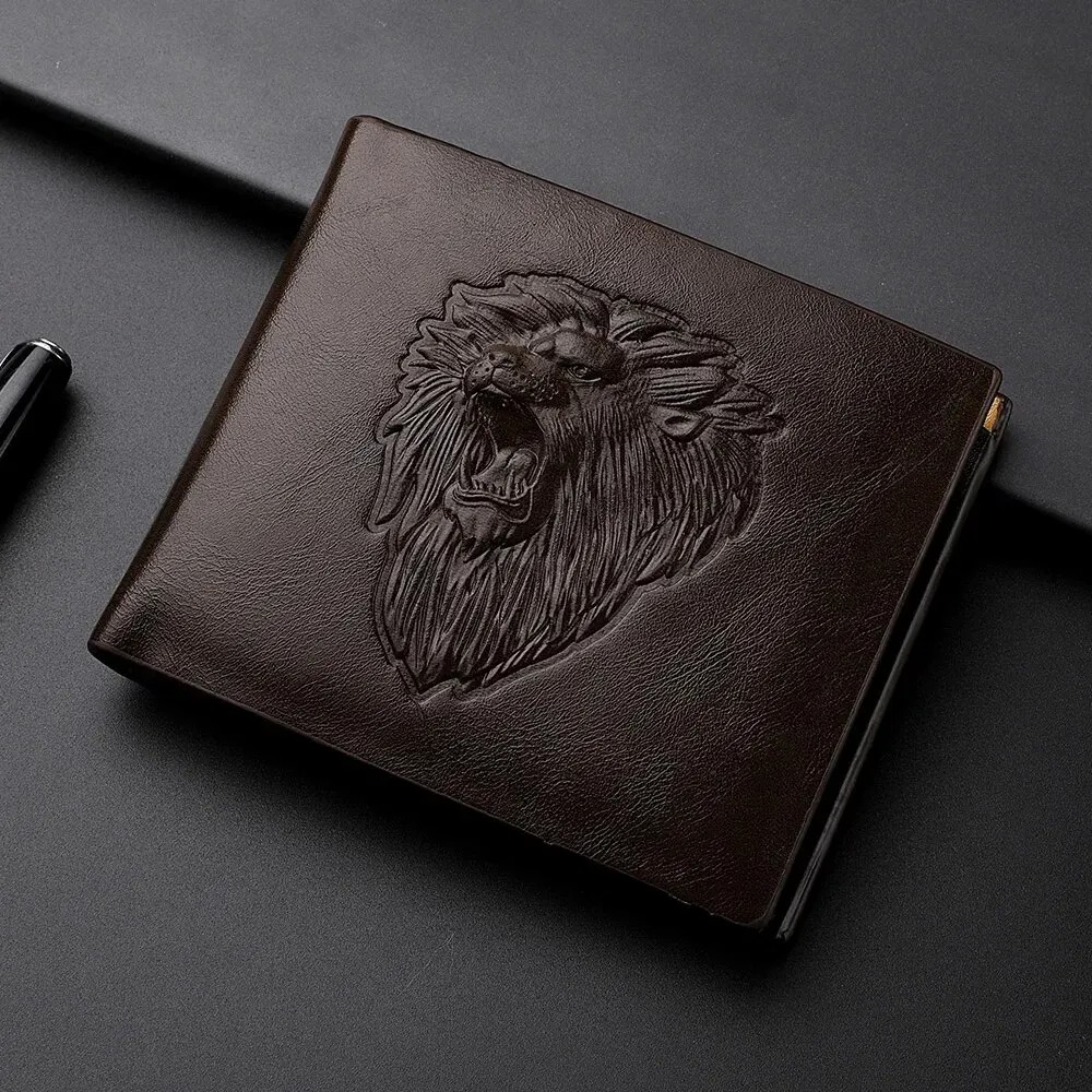 Men's Embossed 3D Lion PU Leather Tri-Fold Wallet – Multi-Card Holder with Zipper Pocket in Black, Brown, and Dark Brown