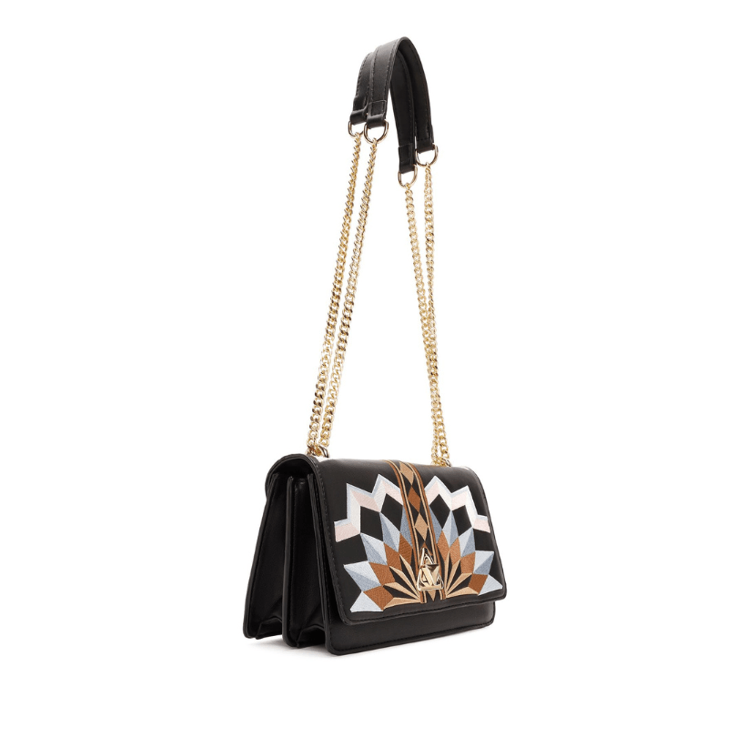 Fethiye Luxe Shoulder Bag – Designer Embroidered Vegan Leather Handbag in Black by HappyNear Exclusive