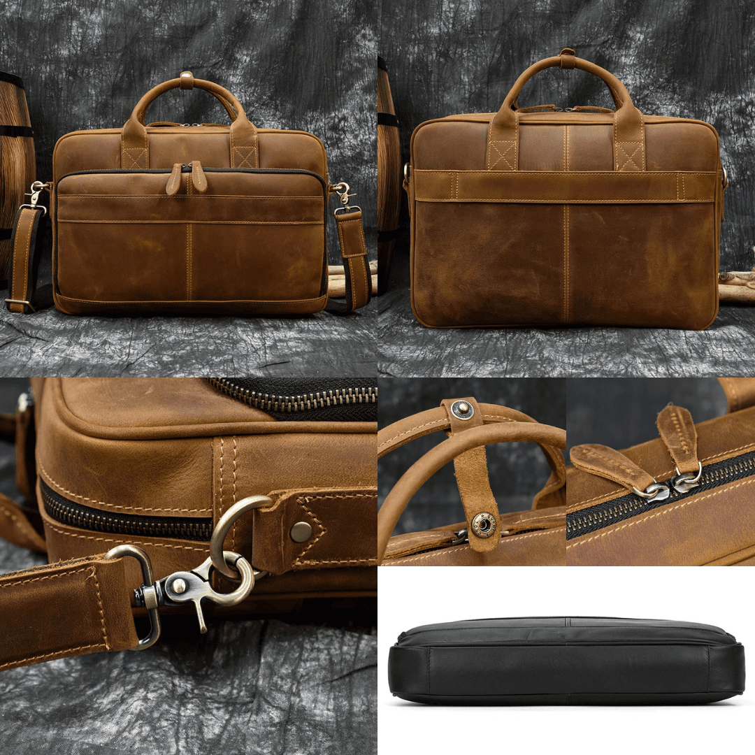 Retro Leather Laptop Briefcase Bag - Genuine Leather 15.6" Business Tote for Men in Dark Brown, Light Brown, and Black