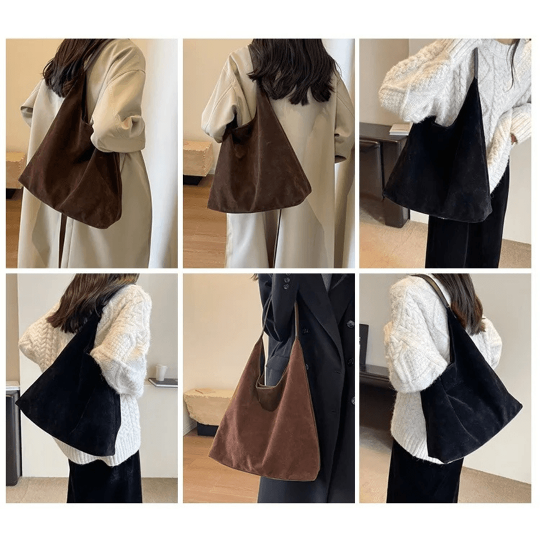 Vintage Women's Suede Shoulder Bag - Large Capacity Casual Commuter Tote Bag - Black, Brown