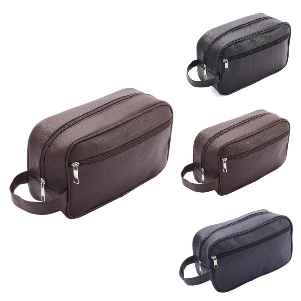 Men's Waterproof Toiletry Travel Bag - PVC Lychee Pattern Dopp Kit Organizer with Handle & Zipper Closure