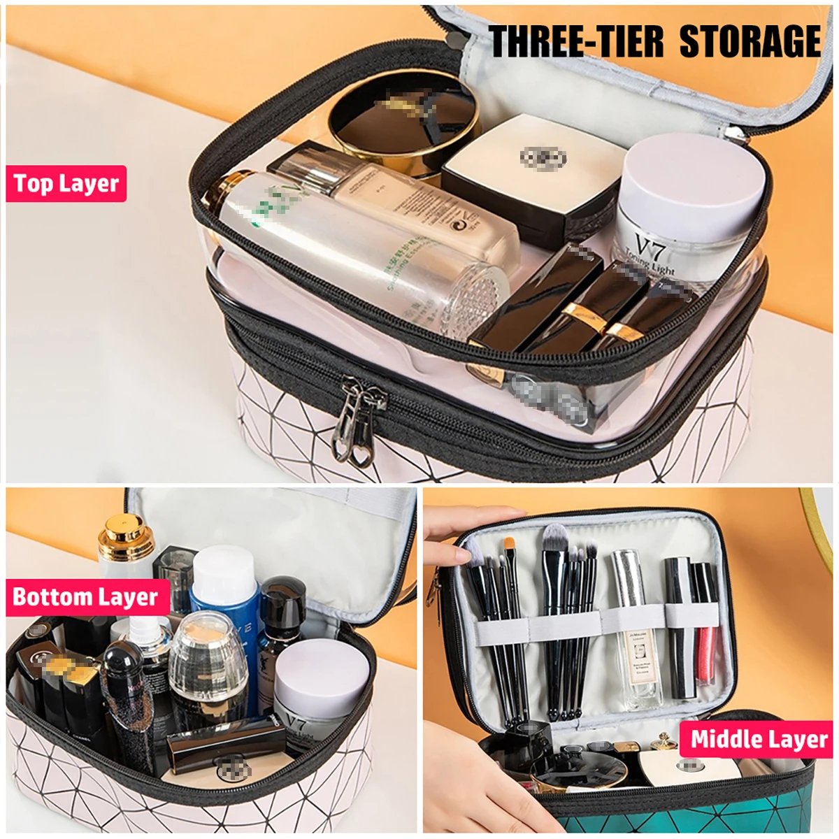 Double-Layer Waterproof Makeup Bag - Portable PVC Travel Cosmetic Organizer with Three-Tier Storage Black, Silver, White, Blue, Pink