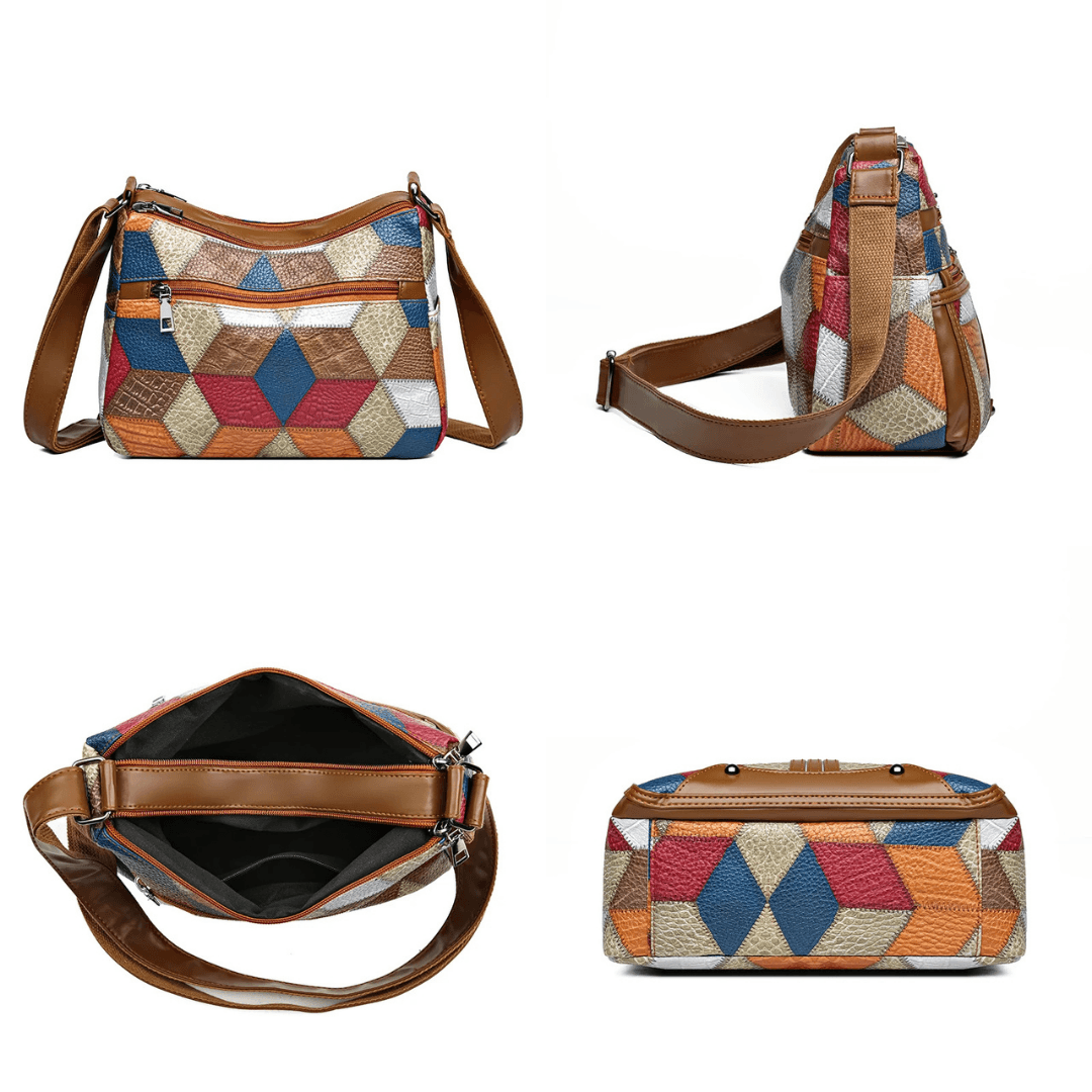 Vintage Patchwork PU Leather Shoulder Bag for Women – Multi-Pocket Crossbody Bag, Boho Style Handbag, Brown