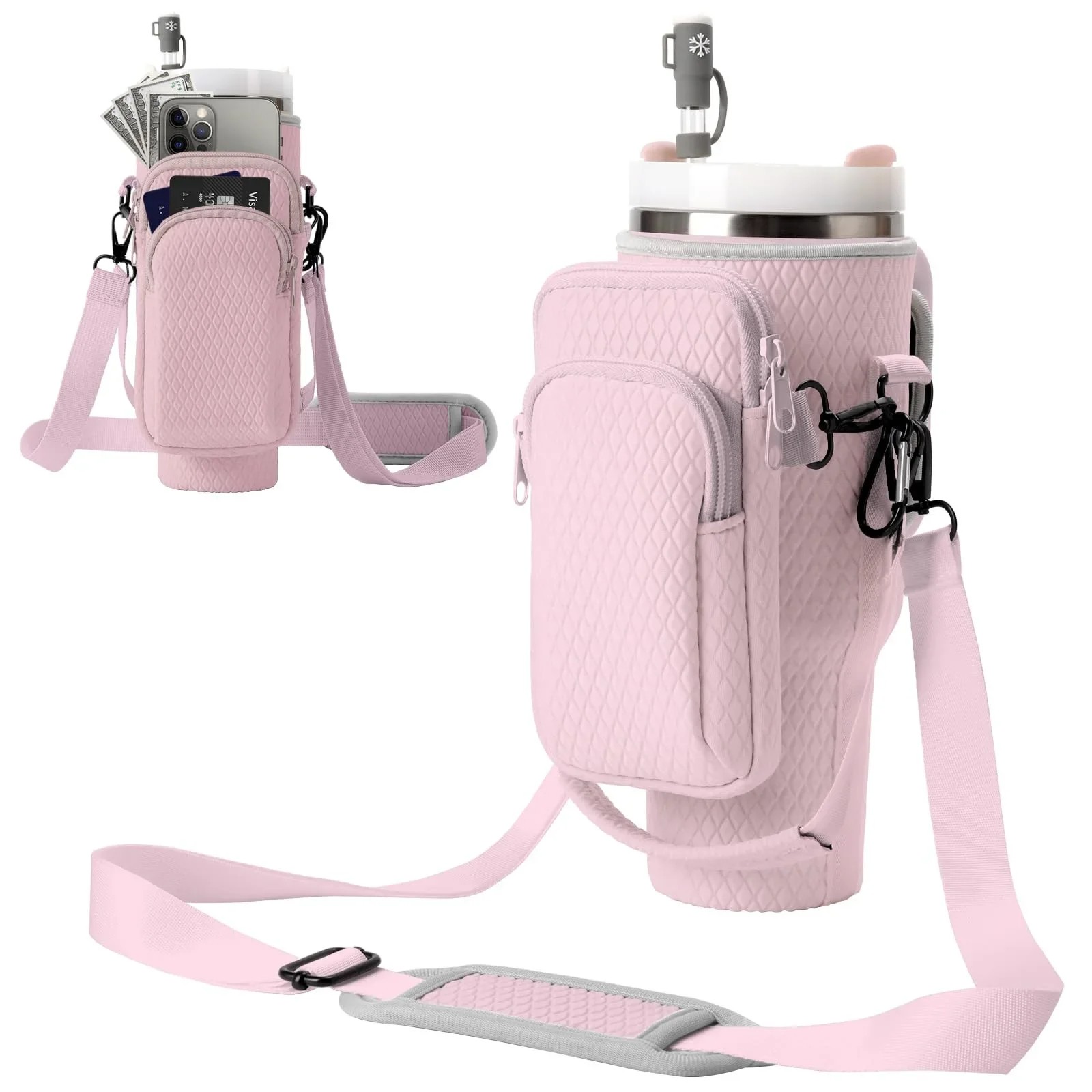 Insulated Water Bottle Holder with Adjustable Strap and Storage Pocket – Perfect Fit for Stanley 40oz Tumblers (Available in Pink, Purple, and Black)