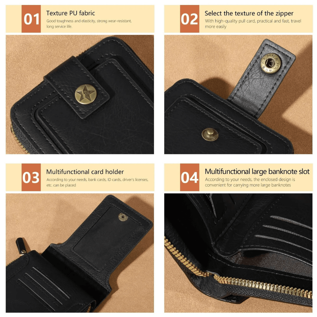 Men’s Compact PU Leather Zipper Wallet – Multi-Card Holder with Coin Pocket in Black, Coffee, and Brown
