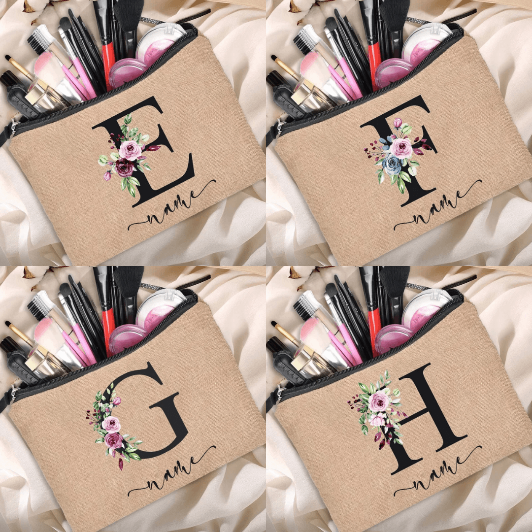 Personalized Linen Makeup Bag - Custom Name Bridesmaid Clutch, Travel Cosmetic Pouch, Bachelor Party Gift