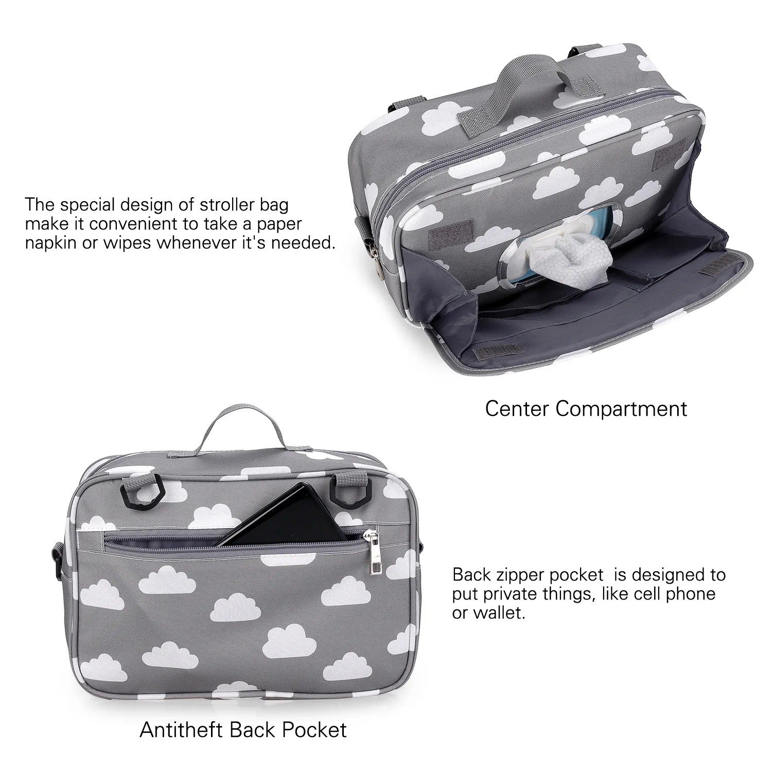 Baby Stroller Organizer Diaper Bag with Waterproof Polyester and Universal Straps - Available in Gray Clouds and More