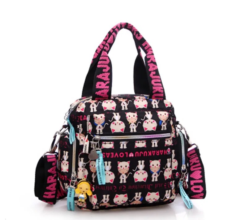 Harajuku-Style Multi-Functional Oxford Cloth Messenger Bag for Women - Cute Cartoon Print - Black, Pink, and Blue Variants