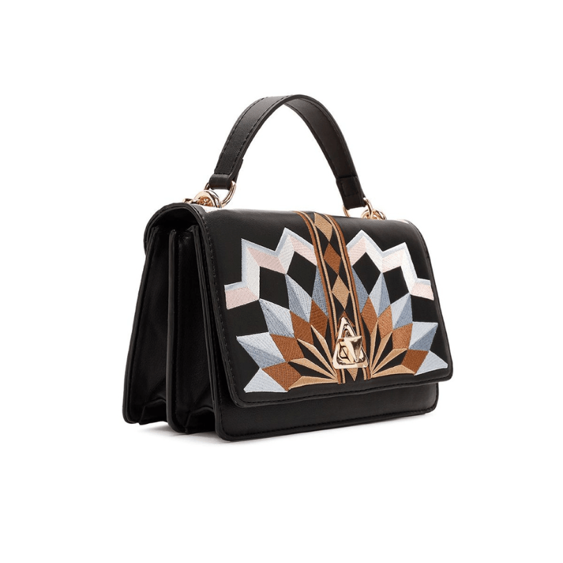 Fethiye Luxe Shoulder Bag – Designer Embroidered Vegan Leather Handbag in Black by HappyNear Exclusive