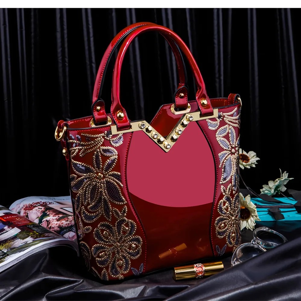 Luxury Women's Patent Leather Embroidered Tote Bag – High-Quality Fashion Flower Diamond Shoulder Bag for Formal and Everyday Use