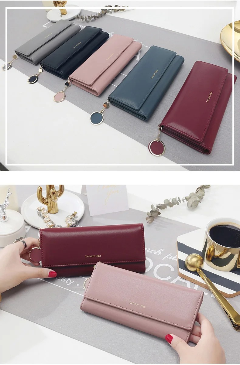 Fashion Women’s Long Tri-Fold Wallet – Elegant PU Leather Clutch Card Holder in Black, Pink, Blue, and Red