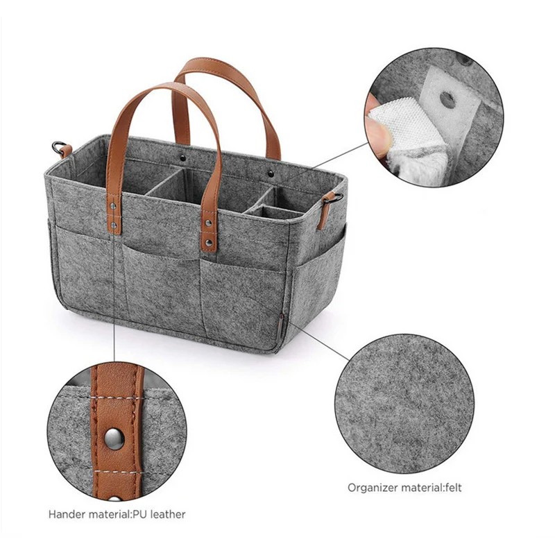 Baby Felt Storage Nursery Organizer Basket with Leather Handles – Infant Diaper Bag, Changing Caddy, and Large Storage Pocket for Nappy and Kids' Essentials (Dark Grey)