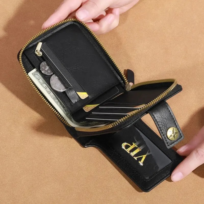 Men’s Compact PU Leather Zipper Wallet – Multi-Card Holder with Coin Pocket in Black, Coffee, and Brown