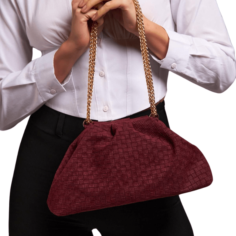 Trabzon Woven Suede Chain Shoulder Bag – Burgundy Vegan Leather by HappyNear Exclusive