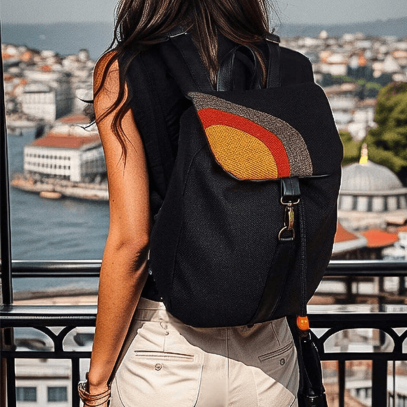 Manavgat Sunset Backpack – Handmade Black & Yellow Designer Bag by HappyNear Exclusive