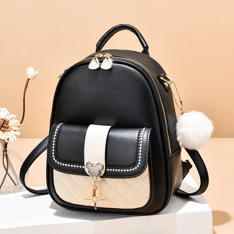 Chic Color-Blocked Mini Backpack with Adjustable Straps and Decorative Charm | Stylish Women’s Travel Bag