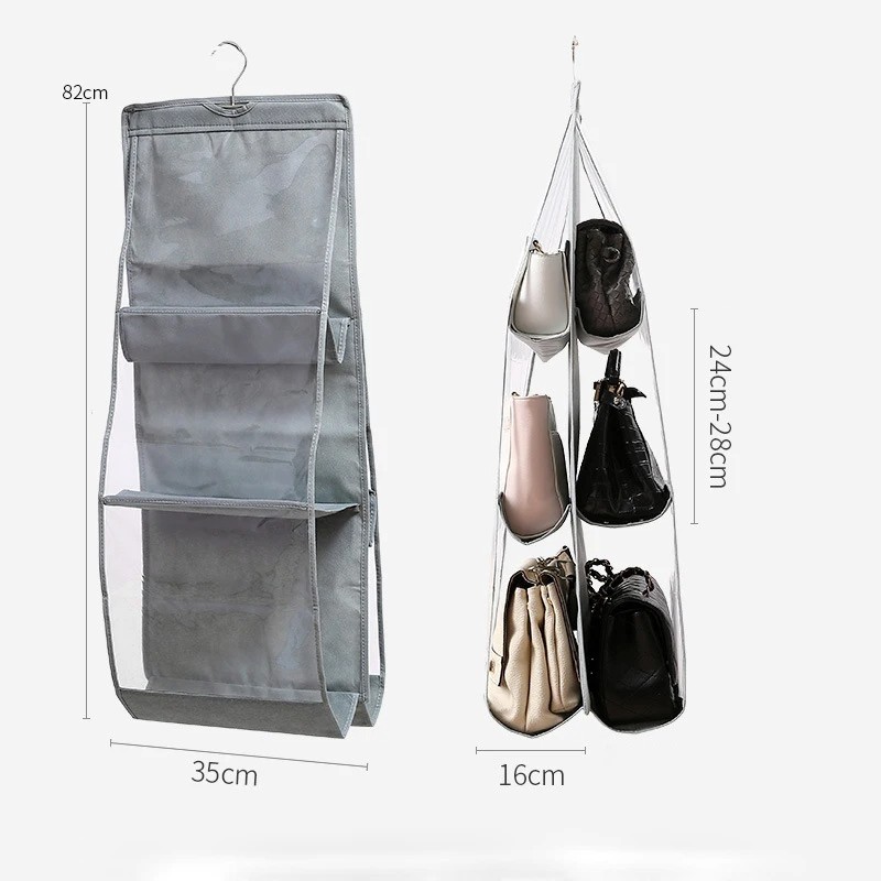 Hanging Handbag Organizer for Closet - Transparent 6-Grid Storage Bag with Rotating Hook (Available in Gray and Black)