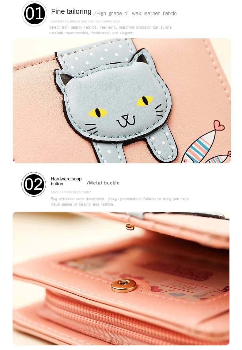 Women’s Adorable Cat Wallet with Zipper Closure – Compact PU Leather Coin Purse and Card Holder – Available in Black, Blue, Green, Pink, and Rose