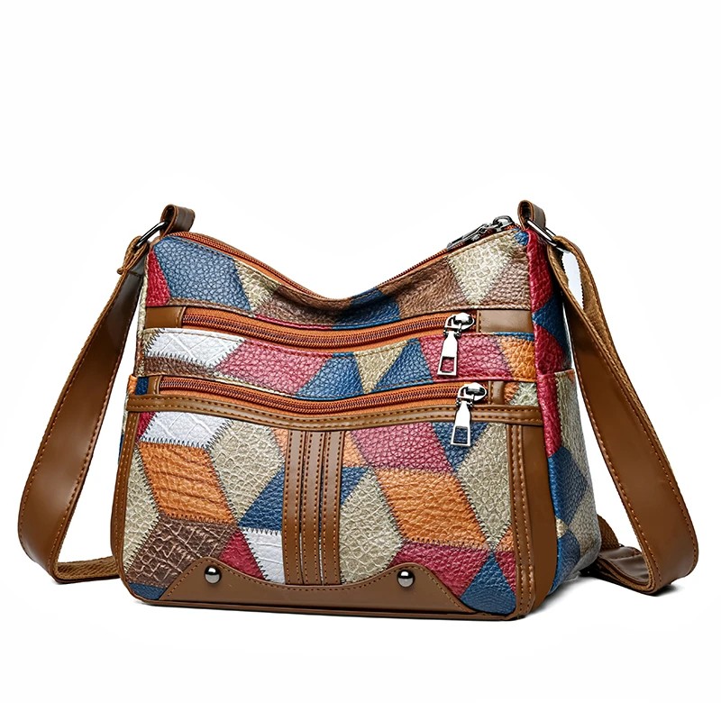 Vintage Patchwork PU Leather Shoulder Bag for Women – Multi-Pocket Crossbody Bag, Boho Style Handbag, Brown