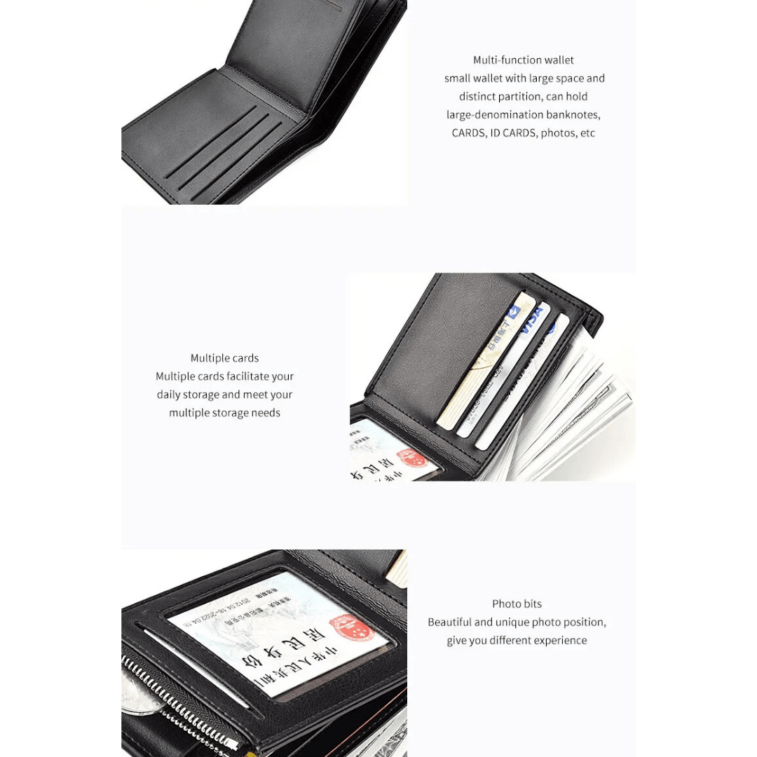 Men's Slim Leather Wallet with Multi-Function Card Holder, Zipper Coin Pocket, and Stylish Geometric Design - Available in Black, Dark Brown, and Light Brown