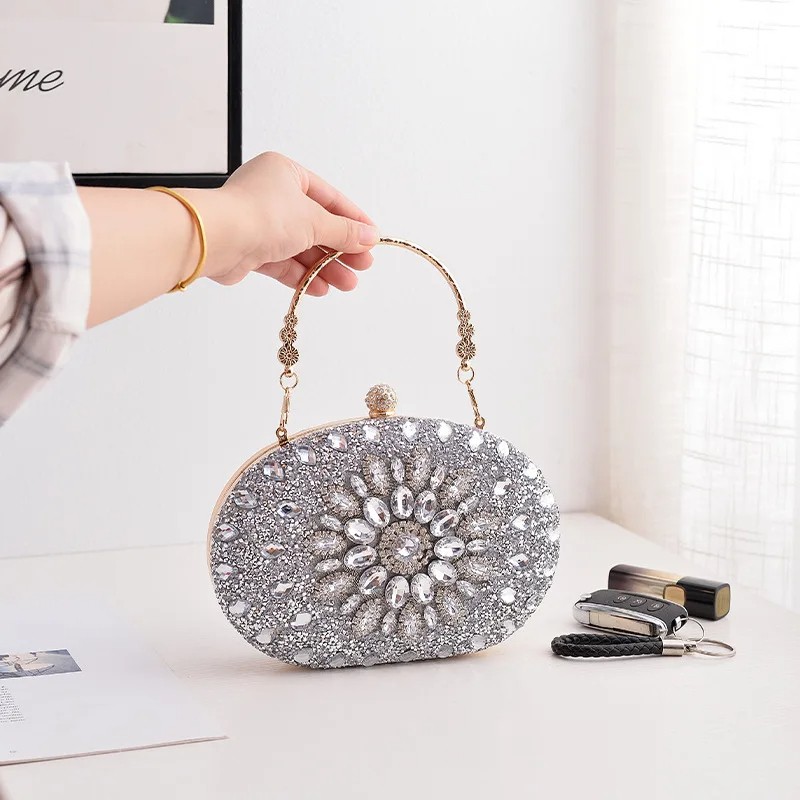 Luxury Flower Diamond Evening Clutch Bag for Women – Elegant Wedding and Party Handbag with Metal Handle & Chain