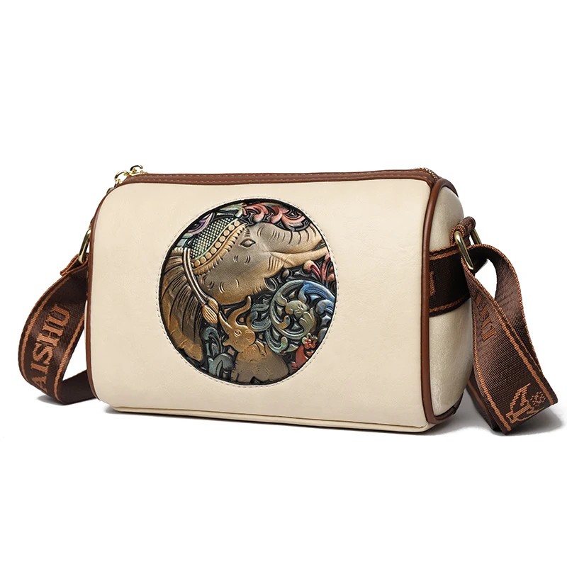 Vintage Embroidered Leather Shoulder Bag for Women - Elephant Design Crossbody Messenger Bag - White, Brown, Black