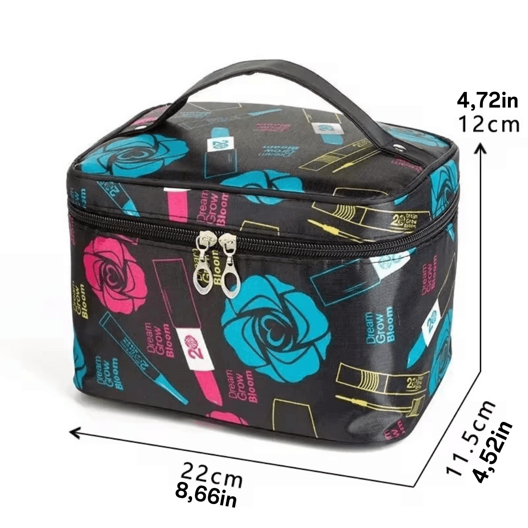 Portable Travel Makeup Bag – Waterproof Large-Capacity Cosmetic Organizer with Stylish Print, Available in Black Rose and More