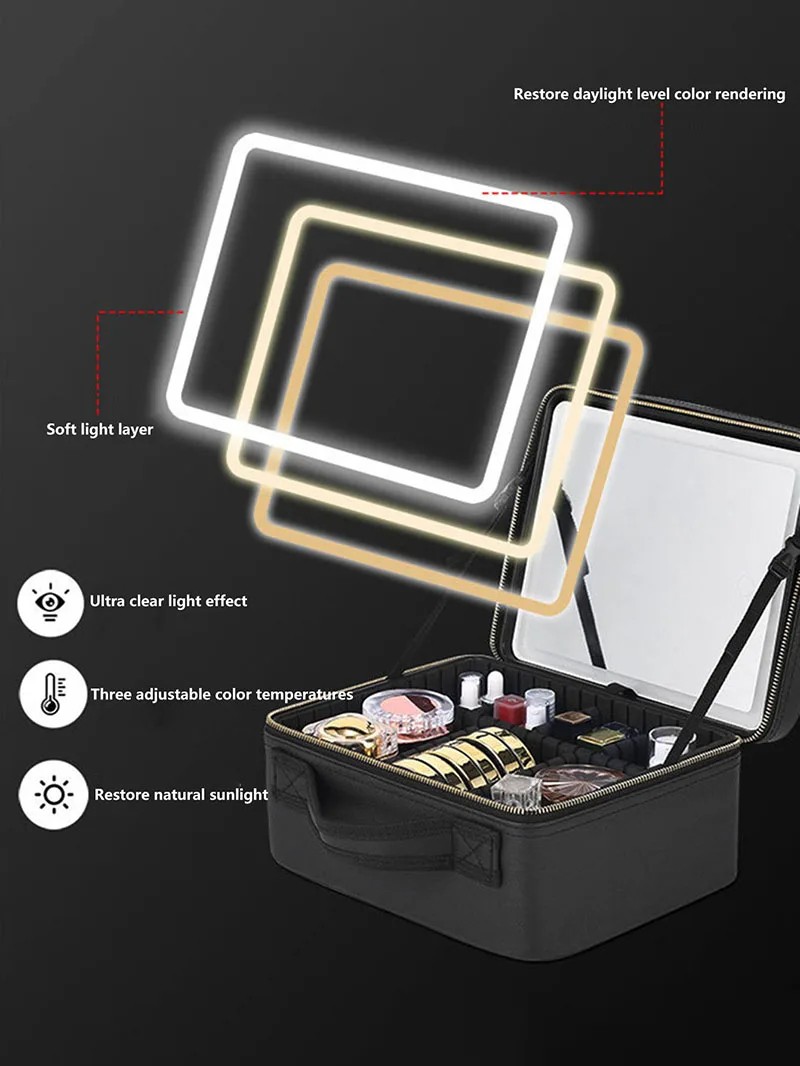 Smart LED Makeup Case with Mirror - Travel Cosmetic Organizer with Adjustable Dividers, USB Charging Port, and Large Capacity Storage (Pink/Black)