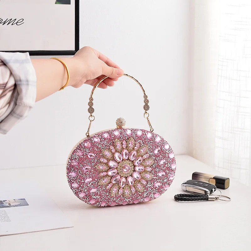 Luxury Flower Diamond Evening Clutch Bag for Women – Elegant Wedding and Party Handbag with Metal Handle & Chain