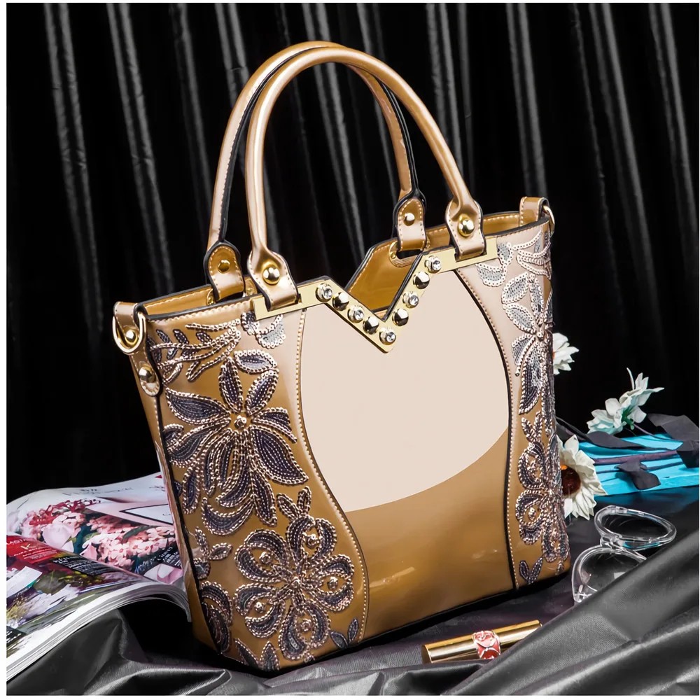 Luxury Women's Patent Leather Embroidered Tote Bag – High-Quality Fashion Flower Diamond Shoulder Bag for Formal and Everyday Use