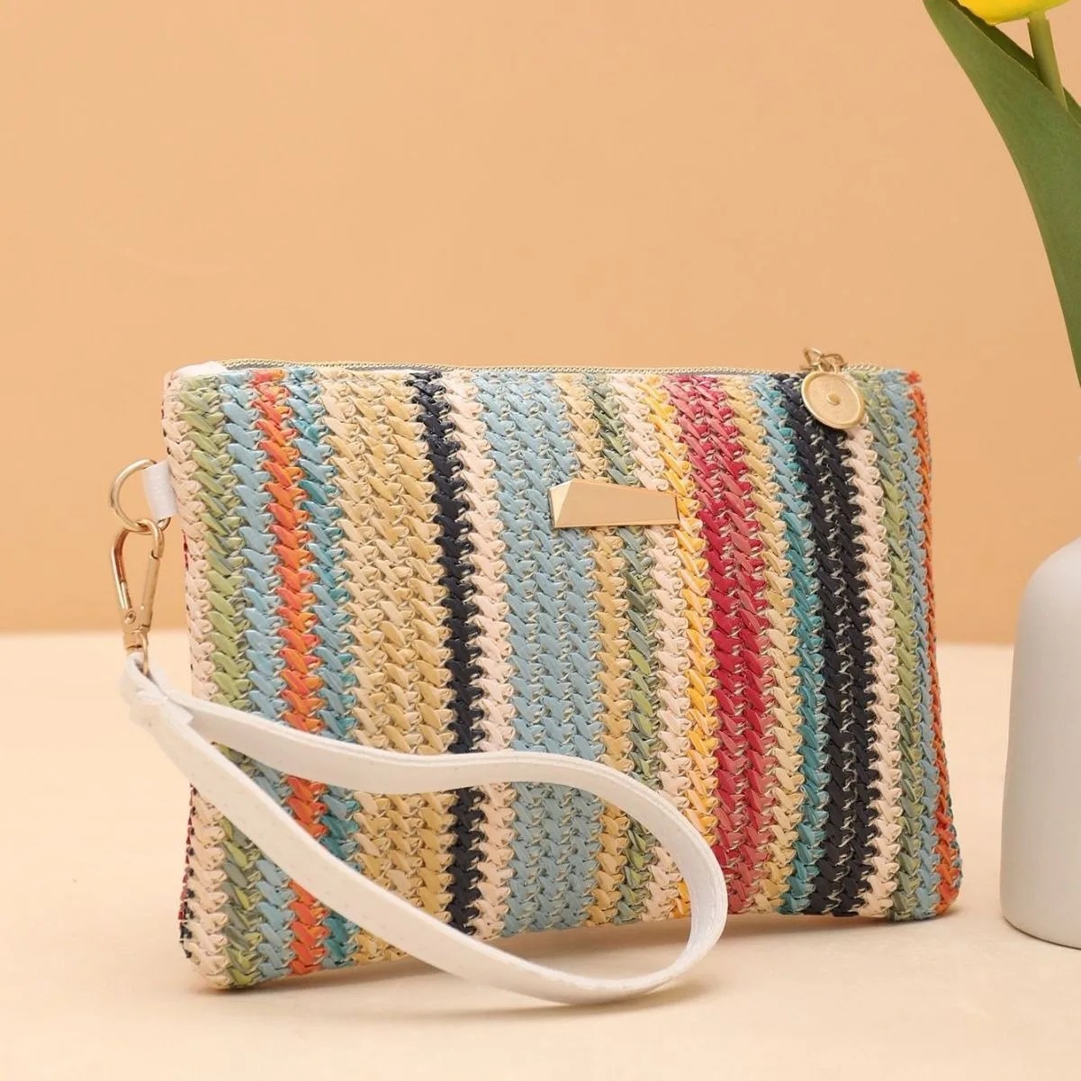 Colorful Summer Straw Clutch Bag | Handwoven Rattan Wristlet Purse for Women | Lightweight Woven Beach Bag