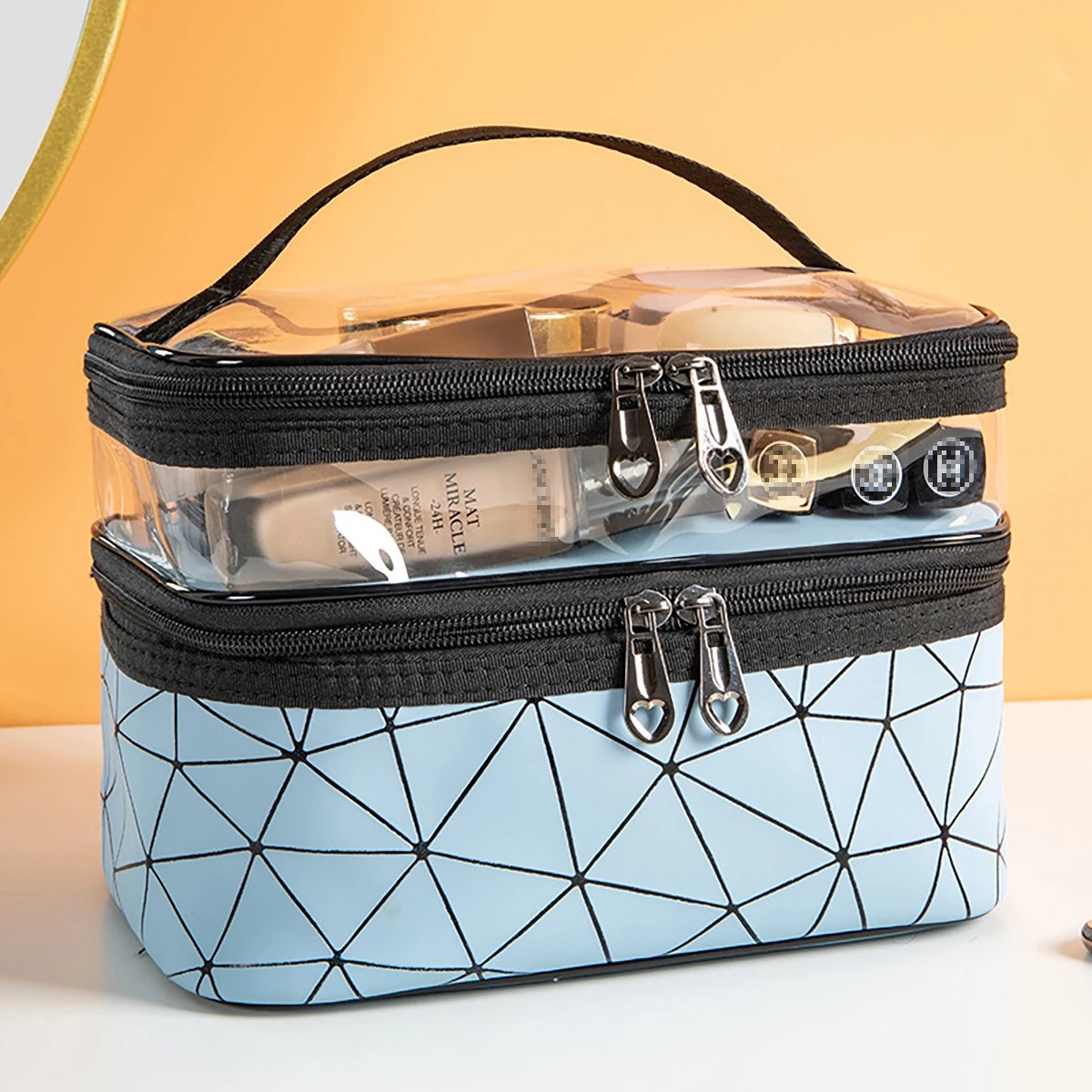 Double-Layer Waterproof Makeup Bag - Portable PVC Travel Cosmetic Organizer with Three-Tier Storage Black, Silver, White, Blue, Pink