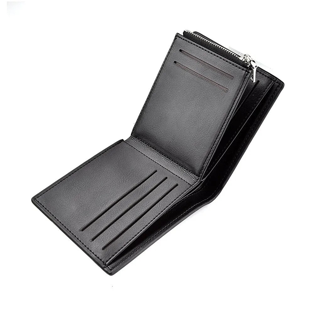 Men's Slim Leather Wallet with Multi-Function Card Holder, Zipper Coin Pocket, and Stylish Geometric Design - Available in Black, Dark Brown, and Light Brown
