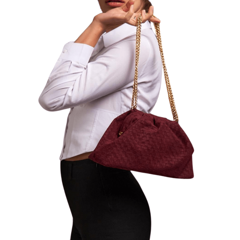 Trabzon Woven Suede Chain Shoulder Bag – Burgundy Vegan Leather by HappyNear Exclusive