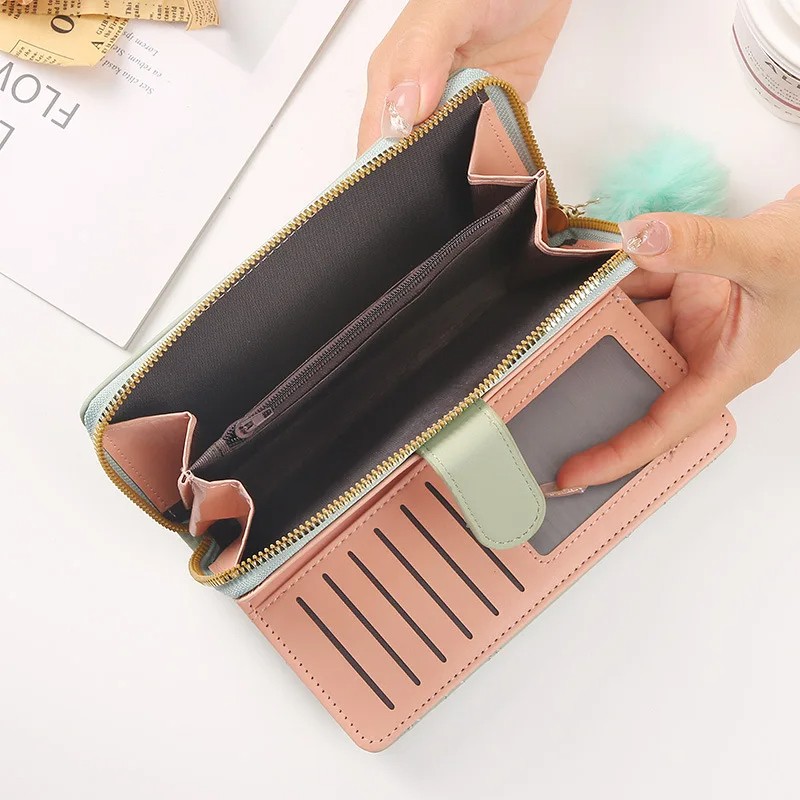 Women's Long Wallet - PU Leather Card Holder with Large Capacity, Hasp Zipper Coin Purse, Multi-Card Organizer with Wristlet - Available in Dark Pink, Black, Brown, Light Green, Blue, Red