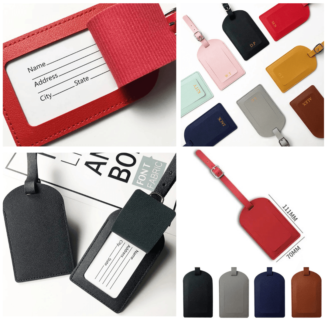 Personalized Luggage Tag with Initials - Custom Name Tags for Suitcases, PU Leather Travel Accessories