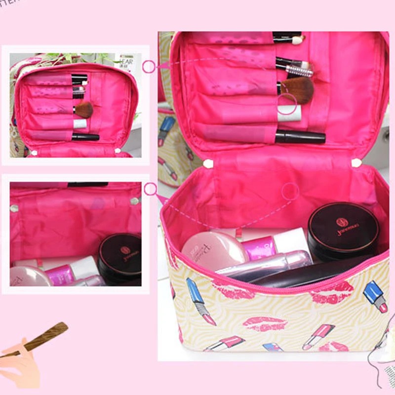 Portable Travel Makeup Bag – Waterproof Large-Capacity Cosmetic Organizer with Stylish Print, Available in Black Rose and More