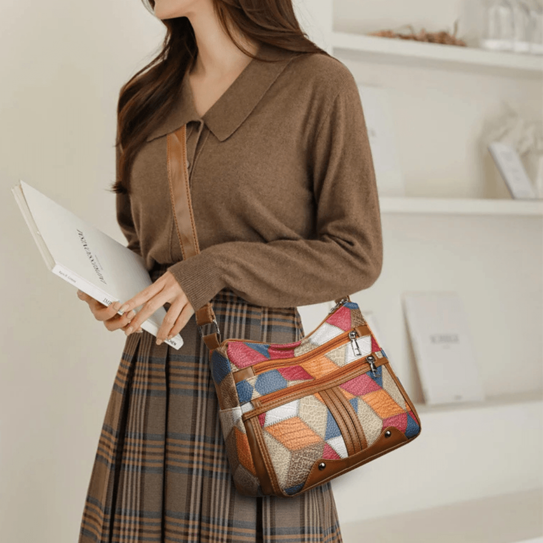 Vintage Patchwork PU Leather Shoulder Bag for Women – Multi-Pocket Crossbody Bag, Boho Style Handbag, Brown