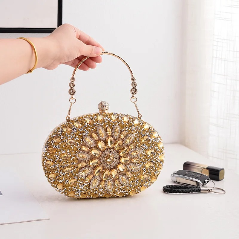 Luxury Flower Diamond Evening Clutch Bag for Women – Elegant Wedding and Party Handbag with Metal Handle & Chain