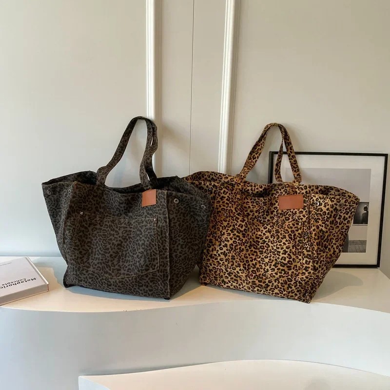 Leopard Print Large Tote Bag - Korean Fashion Shoulder Bag for Women - Black and Brown Variants