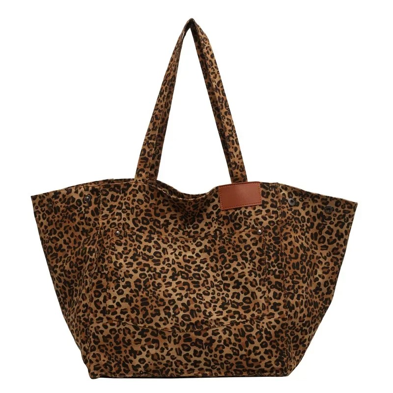 Leopard Print Large Tote Bag - Korean Fashion Shoulder Bag for Women - Black and Brown Variants