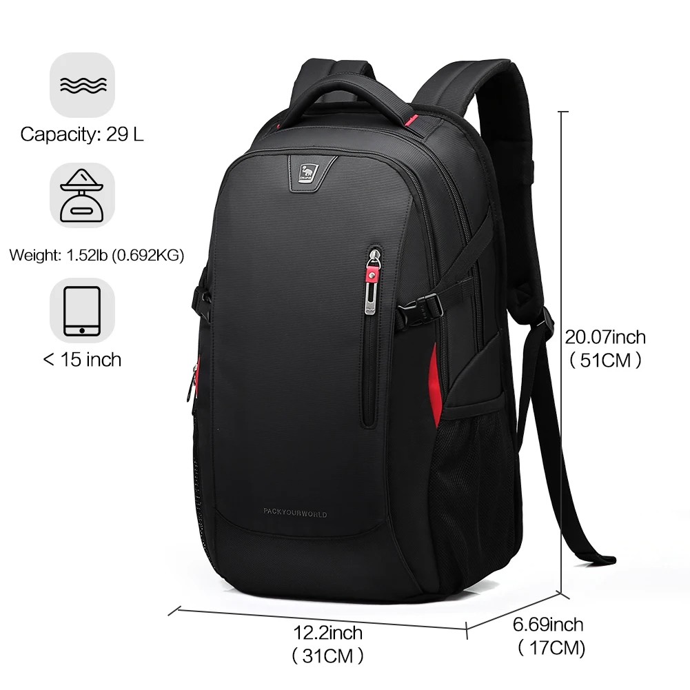 29L Waterproof Laptop Backpack – Durable Travel Bag with 14-Inch Laptop Compartment, Black