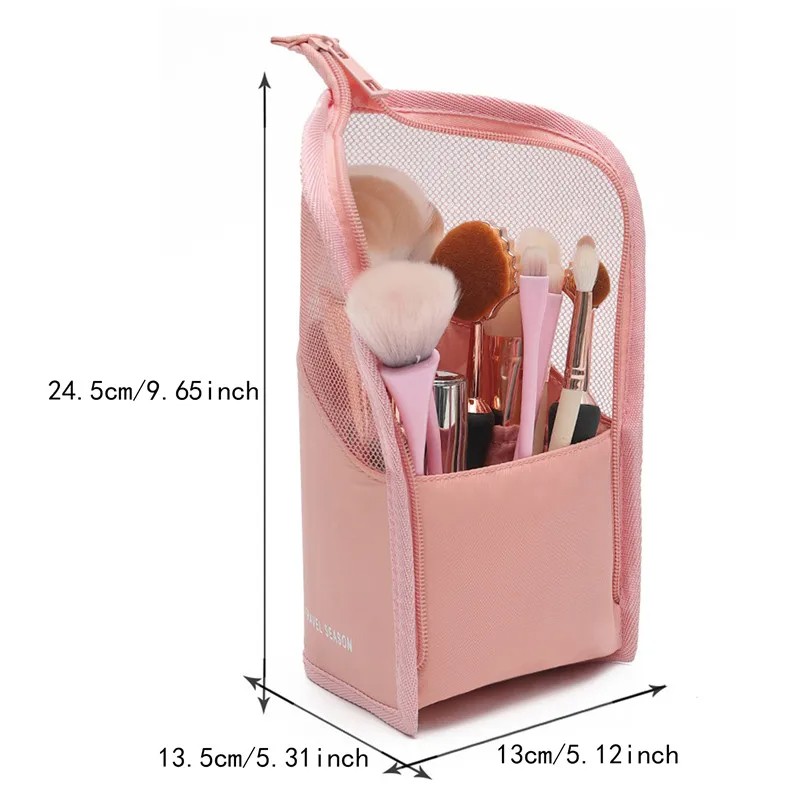 Stand-up Foldable Makeup Brush Holder Bag – Waterproof Travel Cosmetic Case (Black + Pink)