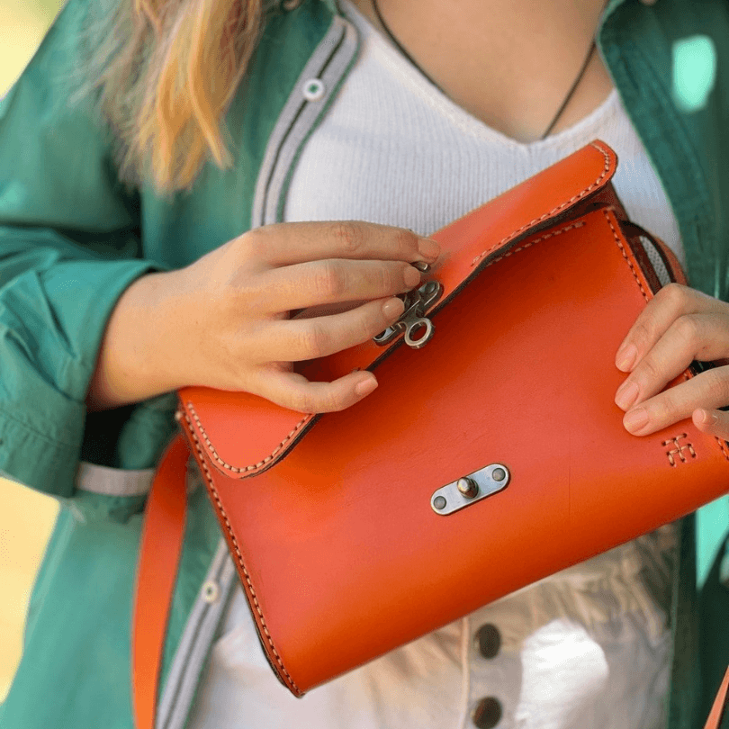 Kuşadası Heritage Crossbody – 100% Genuine Leather Handcrafted Shoulder Bag in Orange by HappyNear Exclusive