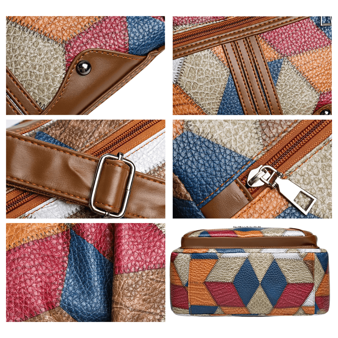 Vintage Patchwork PU Leather Shoulder Bag for Women – Multi-Pocket Crossbody Bag, Boho Style Handbag, Brown