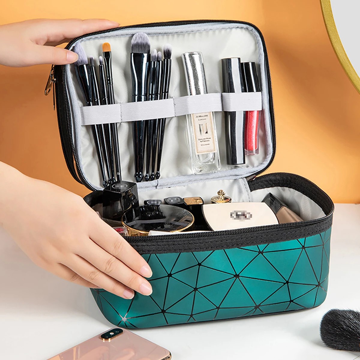 Double-Layer Waterproof Makeup Bag - Portable PVC Travel Cosmetic Organizer with Three-Tier Storage Black, Silver, White, Blue, Pink