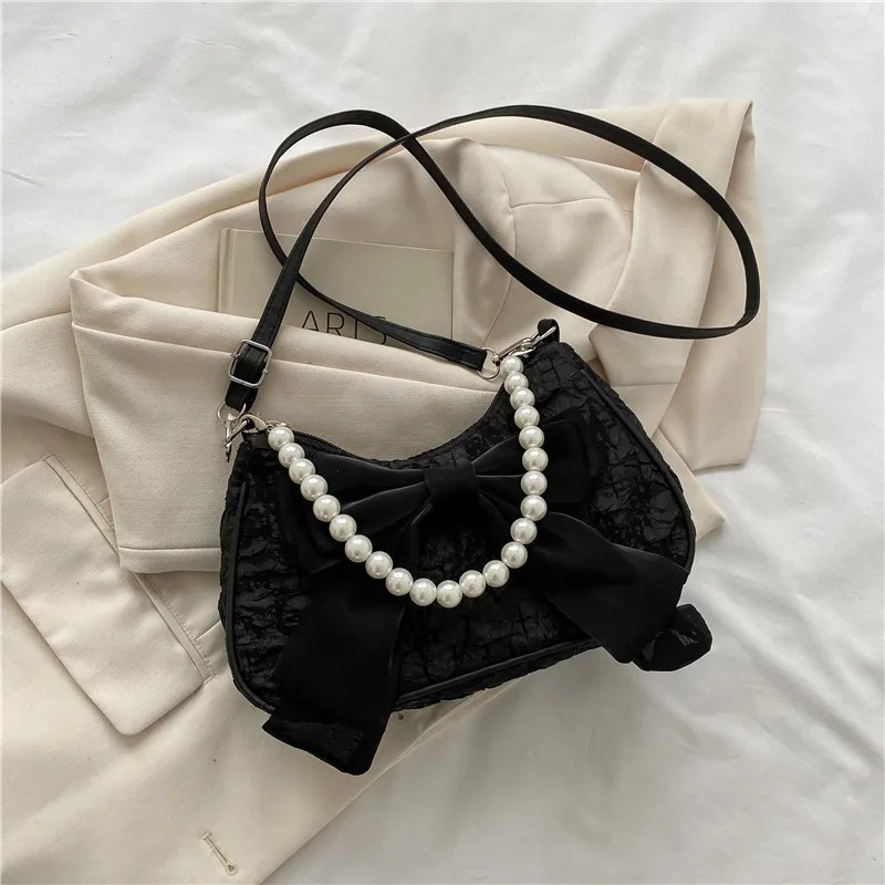 Retro Luxury Pearl Bow Handbag - Designer Crossbody Canvas Shoulder Bag for Women Trend Handbag